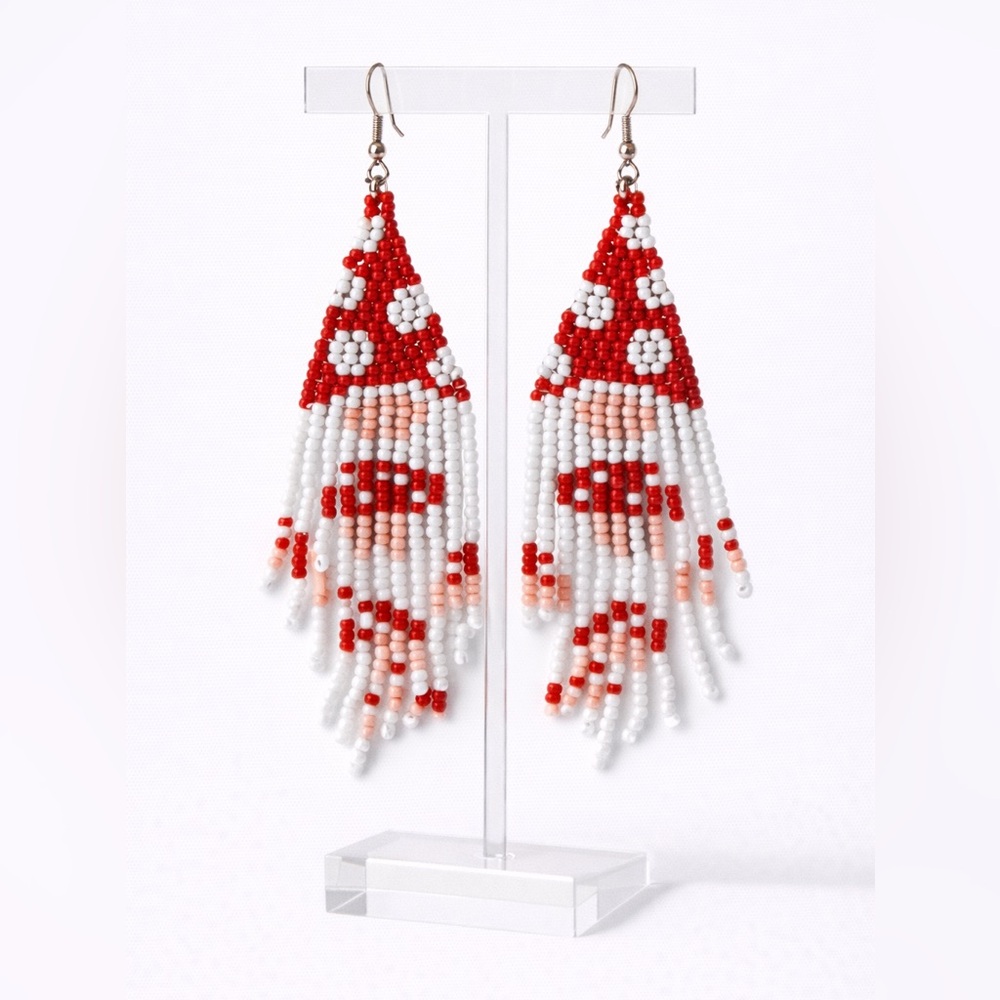 Gnome Beaded Statement Earrings with Mushroom Design 🍄